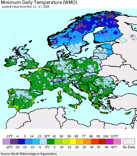 Europe Minimum Daily Temperature (WMO) Thematic Map For 3/11/2024 - 3/17/2024