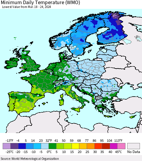 Europe Minimum Daily Temperature (WMO) Thematic Map For 3/18/2024 - 3/24/2024