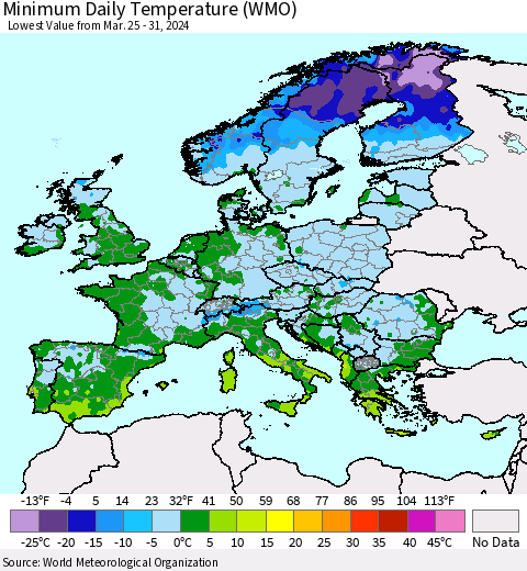Europe Minimum Daily Temperature (WMO) Thematic Map For 3/25/2024 - 3/31/2024