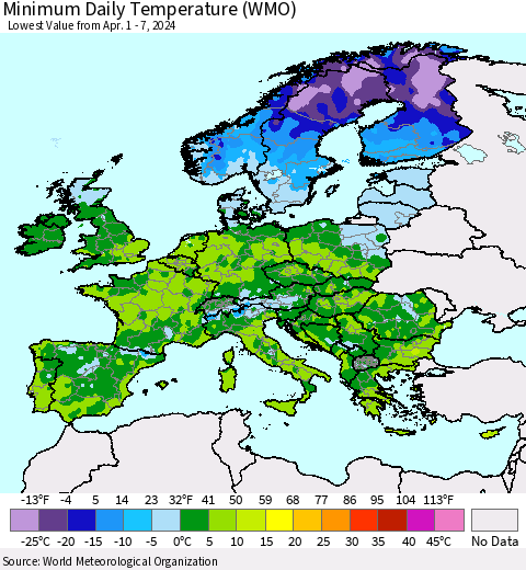Europe Minimum Daily Temperature (WMO) Thematic Map For 4/1/2024 - 4/7/2024