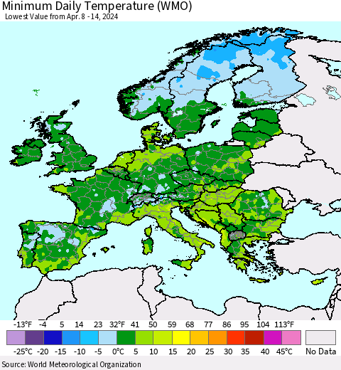 Europe Minimum Daily Temperature (WMO) Thematic Map For 4/8/2024 - 4/14/2024