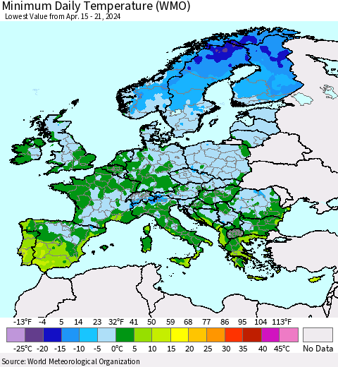 Europe Minimum Daily Temperature (WMO) Thematic Map For 4/15/2024 - 4/21/2024