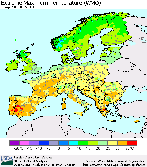 Europe Maximum Daily Temperature (WMO) Thematic Map For 9/10/2018 - 9/16/2018