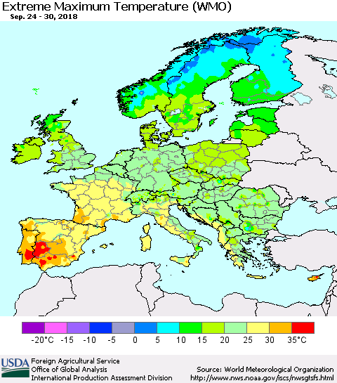 Europe Maximum Daily Temperature (WMO) Thematic Map For 9/24/2018 - 9/30/2018