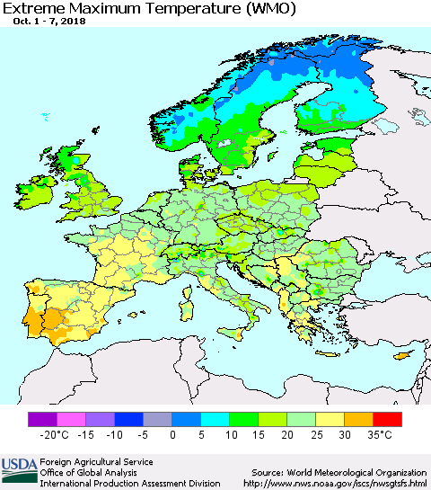 Europe Maximum Daily Temperature (WMO) Thematic Map For 10/1/2018 - 10/7/2018