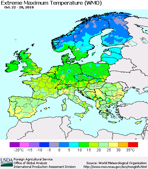 Europe Maximum Daily Temperature (WMO) Thematic Map For 10/22/2018 - 10/28/2018
