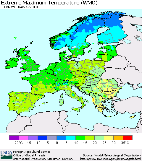 Europe Maximum Daily Temperature (WMO) Thematic Map For 10/29/2018 - 11/4/2018