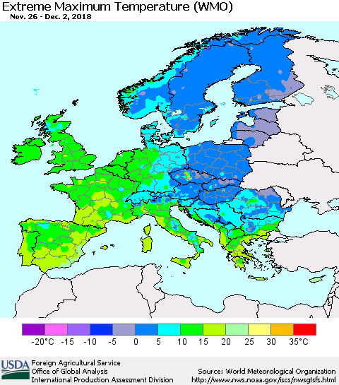 Europe Maximum Daily Temperature (WMO) Thematic Map For 11/26/2018 - 12/2/2018