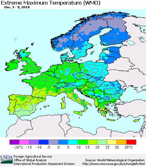 Europe Maximum Daily Temperature (WMO) Thematic Map For 12/3/2018 - 12/9/2018
