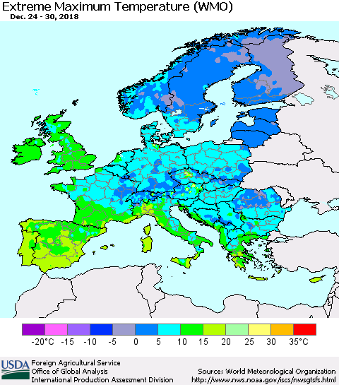 Europe Maximum Daily Temperature (WMO) Thematic Map For 12/24/2018 - 12/30/2018