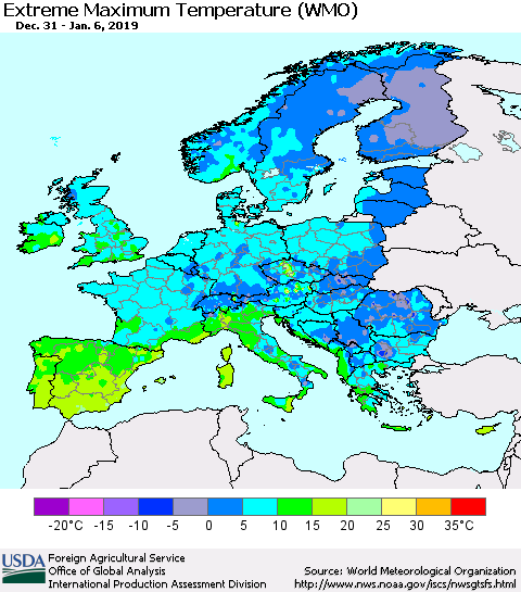 Europe Maximum Daily Temperature (WMO) Thematic Map For 12/31/2018 - 1/6/2019