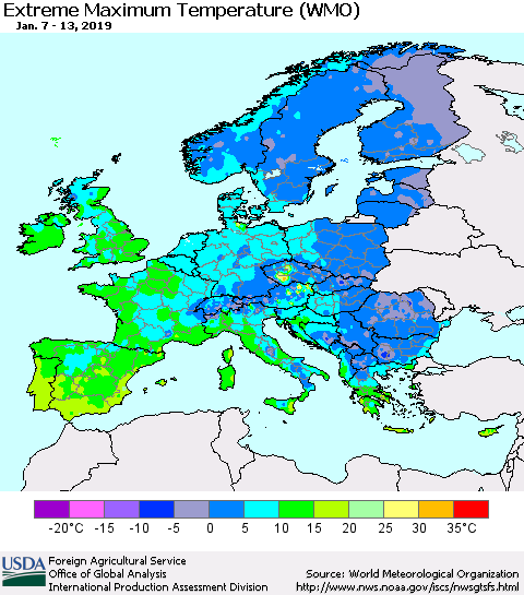 Europe Maximum Daily Temperature (WMO) Thematic Map For 1/7/2019 - 1/13/2019