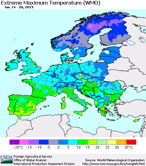 Europe Maximum Daily Temperature (WMO) Thematic Map For 1/14/2019 - 1/20/2019