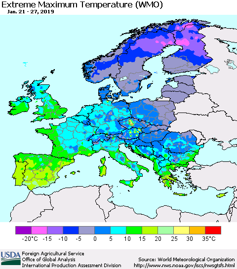 Europe Maximum Daily Temperature (WMO) Thematic Map For 1/21/2019 - 1/27/2019