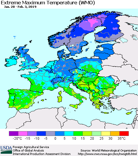 Europe Maximum Daily Temperature (WMO) Thematic Map For 1/28/2019 - 2/3/2019