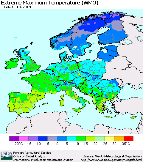 Europe Maximum Daily Temperature (WMO) Thematic Map For 2/4/2019 - 2/10/2019