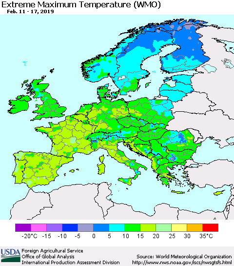 Europe Maximum Daily Temperature (WMO) Thematic Map For 2/11/2019 - 2/17/2019
