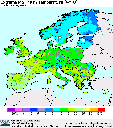Europe Maximum Daily Temperature (WMO) Thematic Map For 2/18/2019 - 2/24/2019