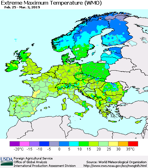 Europe Maximum Daily Temperature (WMO) Thematic Map For 2/25/2019 - 3/3/2019