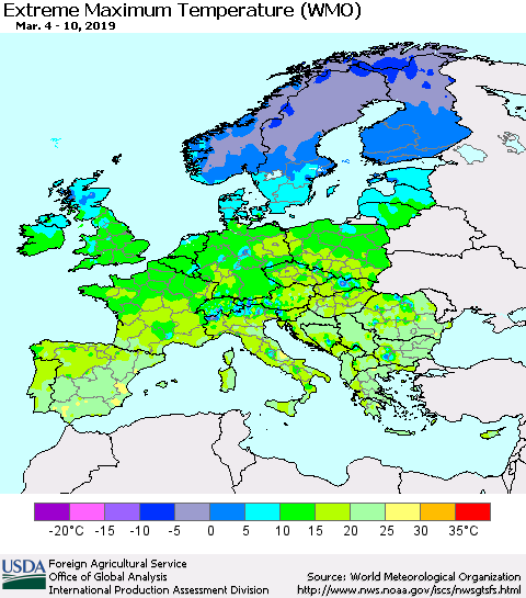 Europe Maximum Daily Temperature (WMO) Thematic Map For 3/4/2019 - 3/10/2019