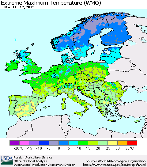 Europe Maximum Daily Temperature (WMO) Thematic Map For 3/11/2019 - 3/17/2019