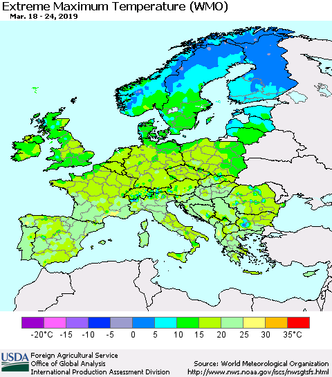 Europe Maximum Daily Temperature (WMO) Thematic Map For 3/18/2019 - 3/24/2019