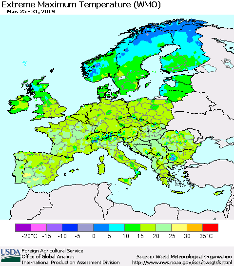 Europe Maximum Daily Temperature (WMO) Thematic Map For 3/25/2019 - 3/31/2019