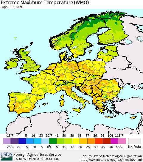 Europe Maximum Daily Temperature (WMO) Thematic Map For 4/1/2019 - 4/7/2019