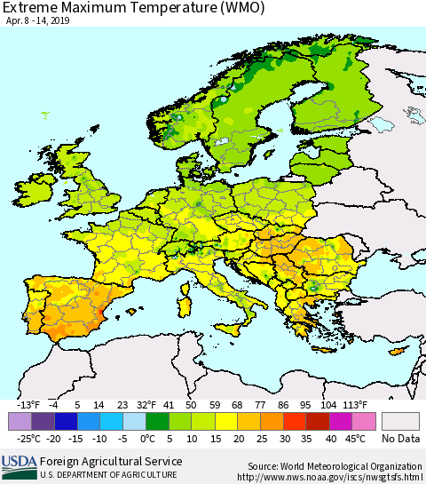 Europe Maximum Daily Temperature (WMO) Thematic Map For 4/8/2019 - 4/14/2019