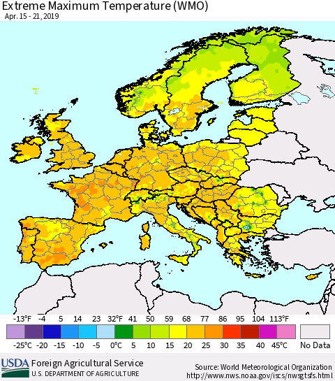 Europe Maximum Daily Temperature (WMO) Thematic Map For 4/15/2019 - 4/21/2019