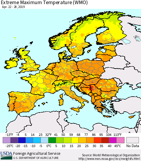 Europe Maximum Daily Temperature (WMO) Thematic Map For 4/22/2019 - 4/28/2019