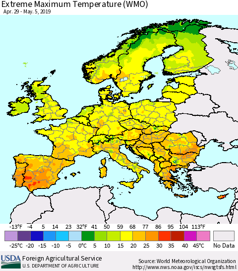 Europe Maximum Daily Temperature (WMO) Thematic Map For 4/29/2019 - 5/5/2019