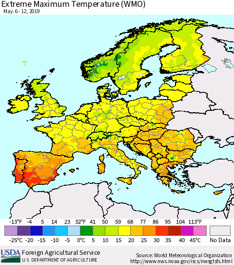 Europe Maximum Daily Temperature (WMO) Thematic Map For 5/6/2019 - 5/12/2019