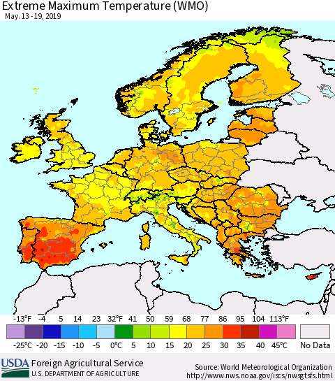 Europe Maximum Daily Temperature (WMO) Thematic Map For 5/13/2019 - 5/19/2019