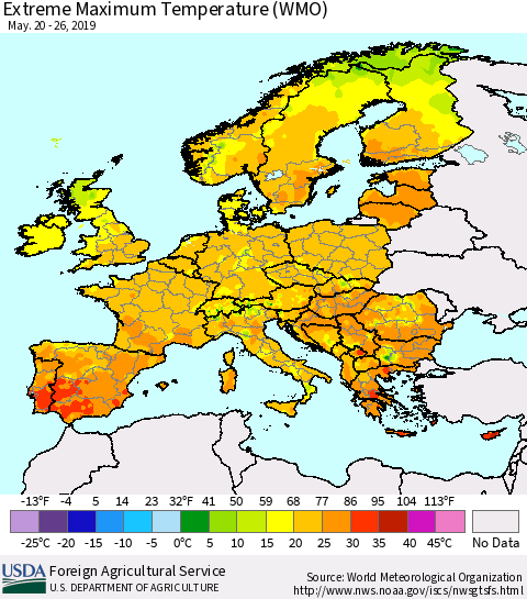 Europe Maximum Daily Temperature (WMO) Thematic Map For 5/20/2019 - 5/26/2019