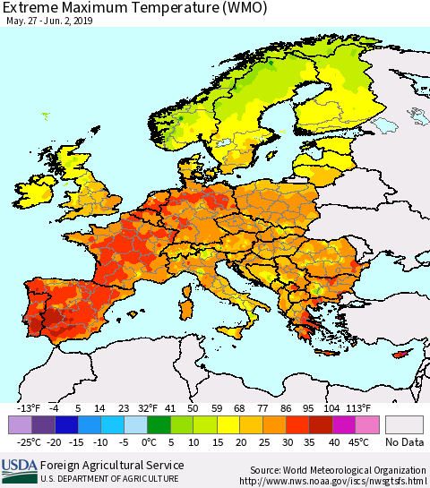 Europe Maximum Daily Temperature (WMO) Thematic Map For 5/27/2019 - 6/2/2019