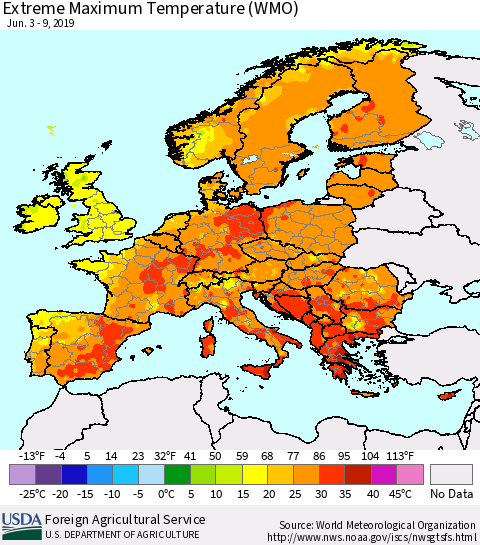 Europe Maximum Daily Temperature (WMO) Thematic Map For 6/3/2019 - 6/9/2019