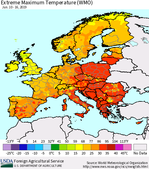Europe Maximum Daily Temperature (WMO) Thematic Map For 6/10/2019 - 6/16/2019
