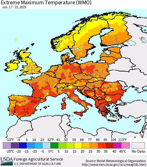 Europe Maximum Daily Temperature (WMO) Thematic Map For 6/17/2019 - 6/23/2019