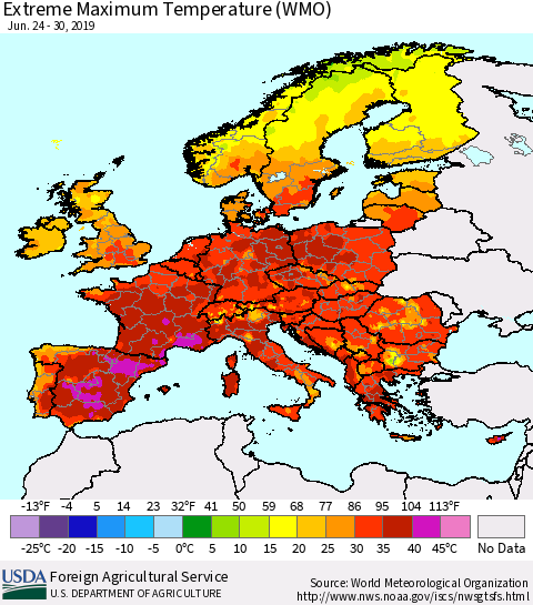 Europe Maximum Daily Temperature (WMO) Thematic Map For 6/24/2019 - 6/30/2019