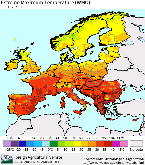 Europe Maximum Daily Temperature (WMO) Thematic Map For 7/1/2019 - 7/7/2019