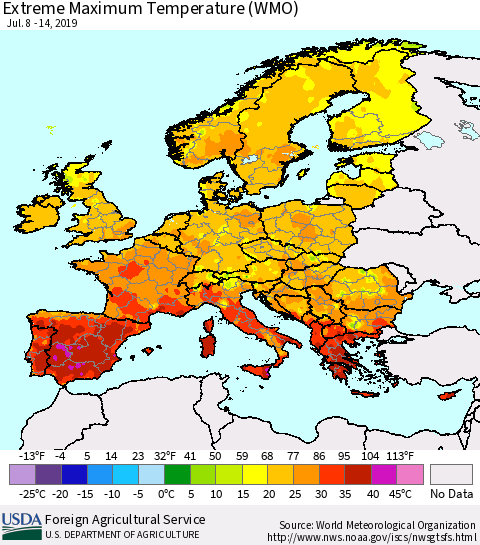 Europe Maximum Daily Temperature (WMO) Thematic Map For 7/8/2019 - 7/14/2019