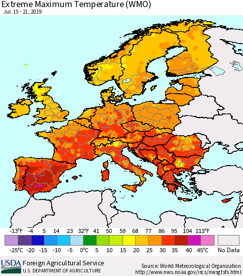 Europe Maximum Daily Temperature (WMO) Thematic Map For 7/15/2019 - 7/21/2019