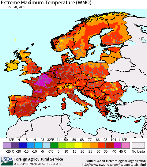 Europe Maximum Daily Temperature (WMO) Thematic Map For 7/22/2019 - 7/28/2019