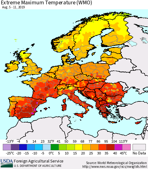 Europe Maximum Daily Temperature (WMO) Thematic Map For 8/5/2019 - 8/11/2019
