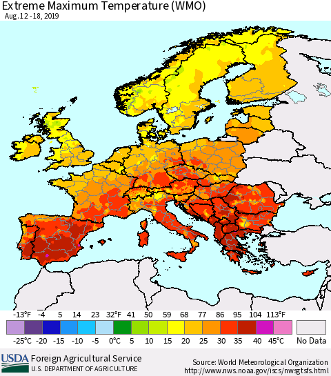 Europe Maximum Daily Temperature (WMO) Thematic Map For 8/12/2019 - 8/18/2019