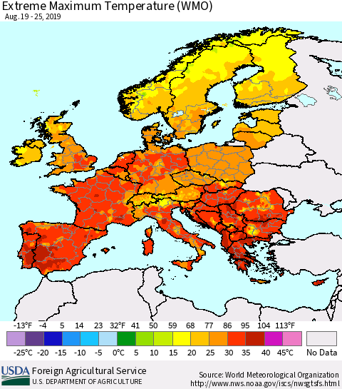 Europe Maximum Daily Temperature (WMO) Thematic Map For 8/19/2019 - 8/25/2019