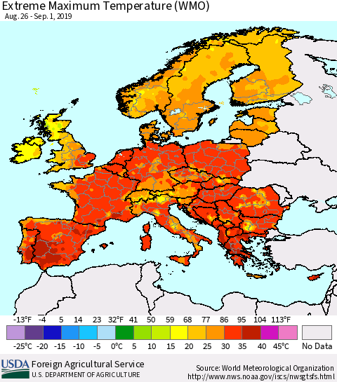 Europe Maximum Daily Temperature (WMO) Thematic Map For 8/26/2019 - 9/1/2019