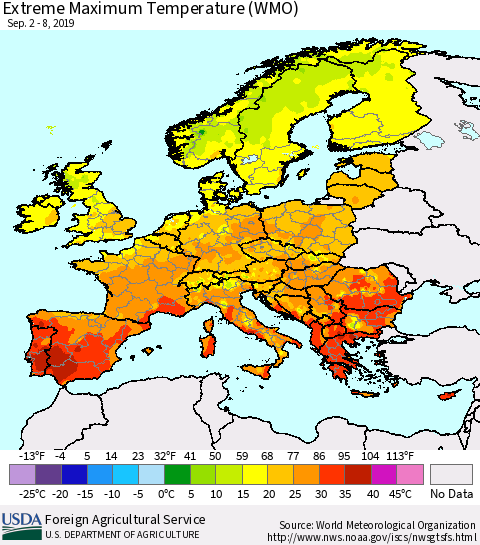 Europe Maximum Daily Temperature (WMO) Thematic Map For 9/2/2019 - 9/8/2019
