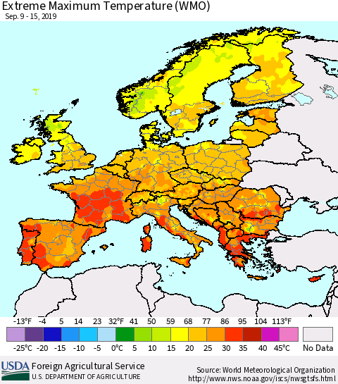 Europe Maximum Daily Temperature (WMO) Thematic Map For 9/9/2019 - 9/15/2019